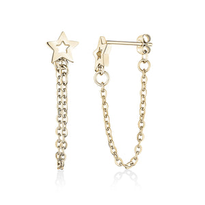 Gold Steel Star + Chain Stud Earrings