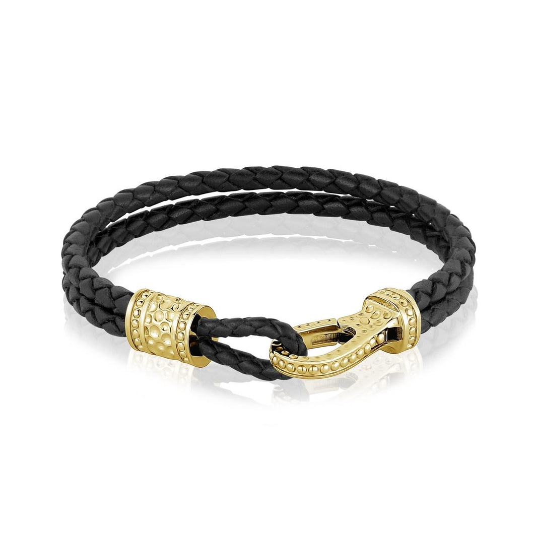 Gold Steel Clasp Black Leather Bracelet