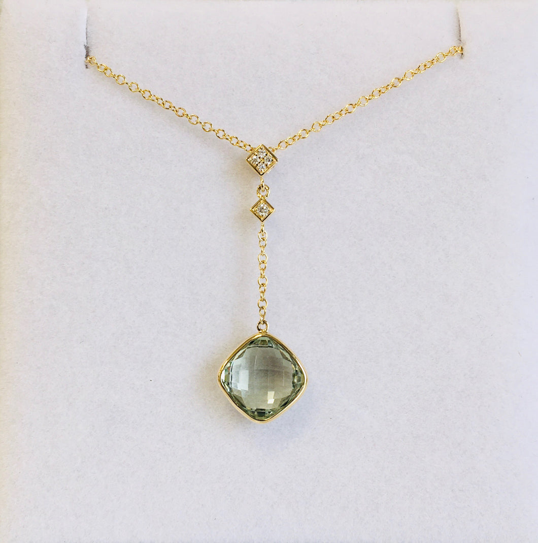 14k Yellow Gold Diamond and Green Amethyst Necklace