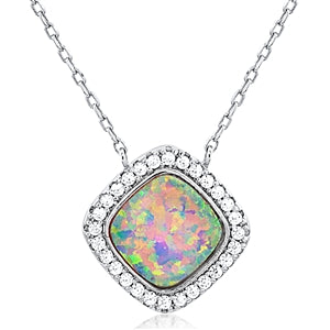 Silver Necklace with Cubic Zirconia and Synthetic Opal