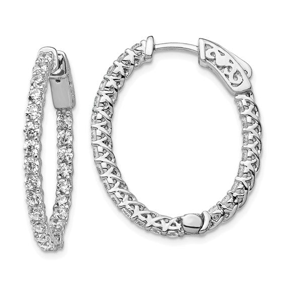 Sterling Silver CZ 46 Stones In and Out Oval Hoop Earrings