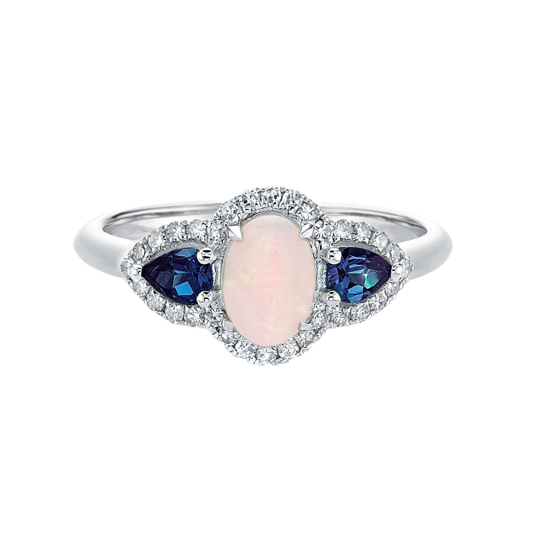 10k White Gold Opal, Blue Sapphire and Diamond Ring