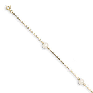14K Yellow Gold White Round Freshwater Cultured Pearl 3-station Bracelet