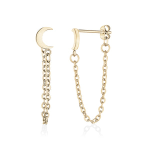 Gold Steel Moon + Chain Stud Earrings